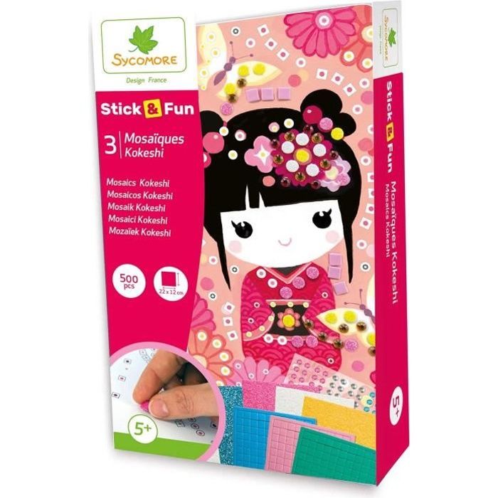 Sycomore- Mosaïques Autocollantes 3 Tableaux-Kokeshi-Stick & Fun-Loisirs Créatifs Enfant-Dès 5 Ans