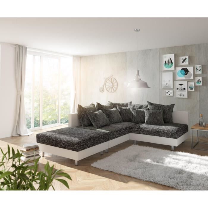 Canapé d'angle Clovis canapé d'angle gauche canapé modulable blanc noir Avec tabouret et pouf