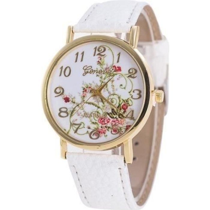 Montre Femme Bracelet Cuir Blanc Cadran Fond Floral Acier Doré dans écrin