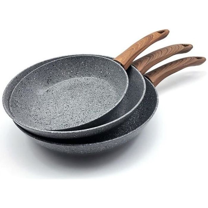 Lot de 3 poêles à frire induction antiadhésive aluminium Ø20/24/28 cm ONYX avec poignée imitation bois revêtement pierre 5 couches