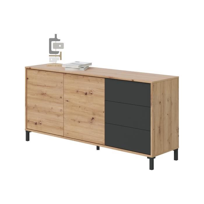 Buffet 2 Portes + 3 tiroirs Brook Style Industriel avec Effet Bois Vieilli Vintage