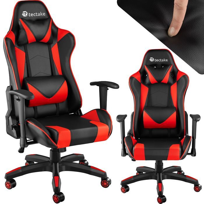 TECTAKE Chaise de Bureau Design Gamer ergonomique confortable avec Accoudoirs réglables et Coussins de nuque et dos Noir Rouge