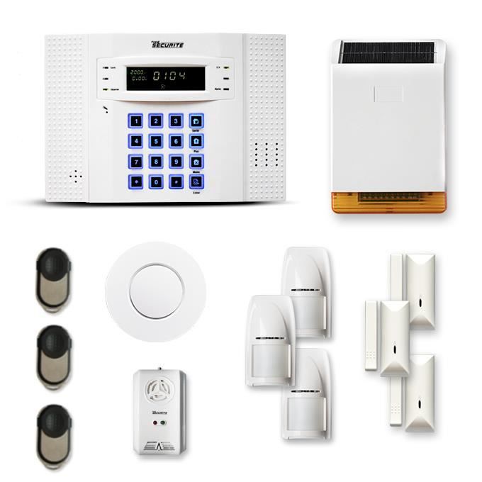 Alarme maison sans fil DNB 3 à 4 pièces mouvement + intrusion + détecteur de fumée + gaz + sirène extérieure solaire - Compatible Bo