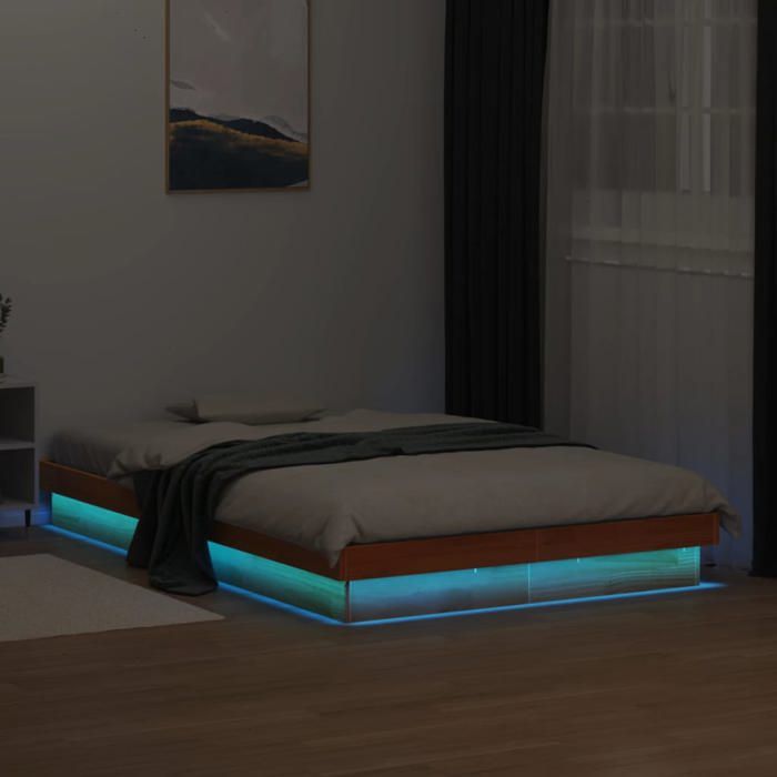 vidaXL Cadre de Lit à LED Lit Simple avec Sommier à Lattes Lit Double Lit Adulte de Chambre Moderne Cire Marron 140x190 844423