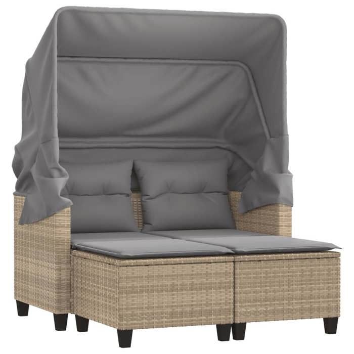 2025 RemiseCanapé dangle extérieur Canapé de jardin 2 places avec auvent et tabourets beige rotin - 1parcel SJ6617855