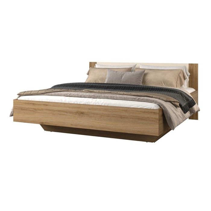 Lit coffre VERTIGO – 160x200 cm – Chêne sauvage et beige sable – Avec pied design et sommier inclus Lit coffre VERTIGO – 160x200 cm – Chêne sauvage et beige sable – Avec pied design et sommier inclus