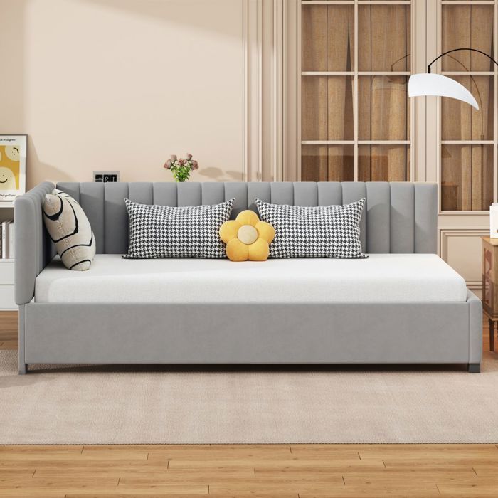 Canapé-lit 90x200 convertible velours doux gris - Sommier lattes intégré - Multifonctionnel - Rembourré confortable-Sans Matelas Canapé-lit 90x200 convertible velours doux gris - Sommier lattes intégré - Multifonctionnel - Rembourré confortable-Sans Matelas