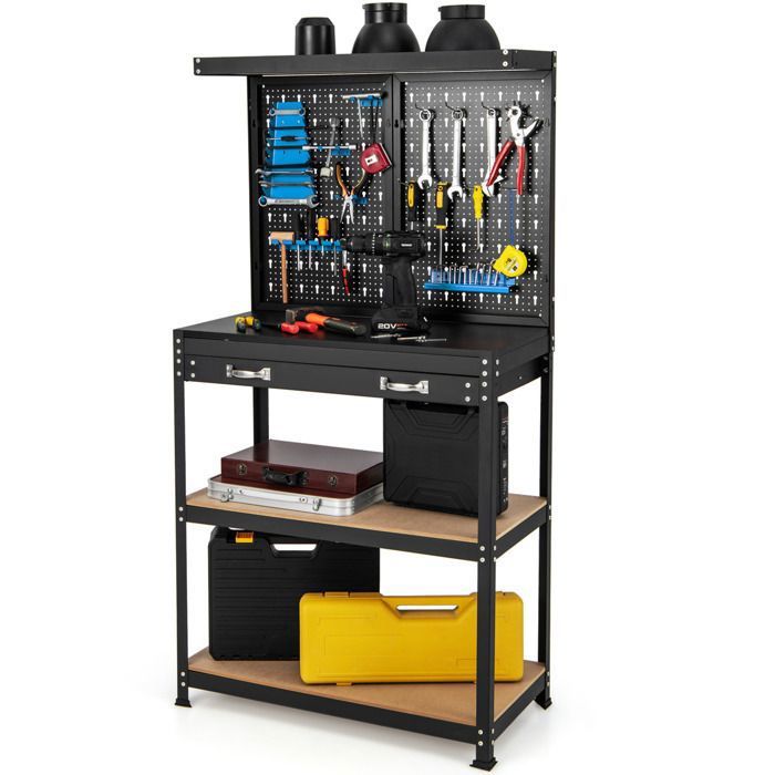 Établi de Travail Métallique 81 x 41 x 155cm COSTWAY-2 Panneau Perforé-2 Etagères-1 Tiroirs-14 Accessoires Suspendus-Noir Bleu