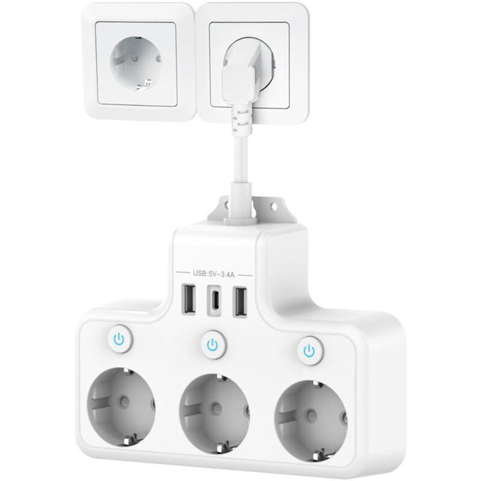 Prise Multiple avec Interrupteur Individuel Multiprise avec USB C 3 Prises et 3 USB Chargeurs Multiprise électrique Murale Adapt