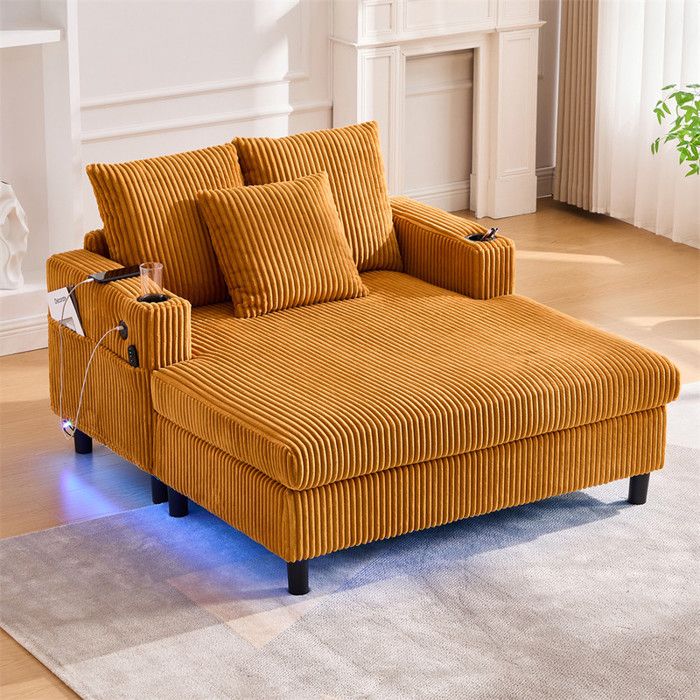 DRIPEX Canapé Chaise Longue avec porte-boissonsports USB et éclairage LEDFauteuil lit Paresseux en Velours Côtelé Jaune