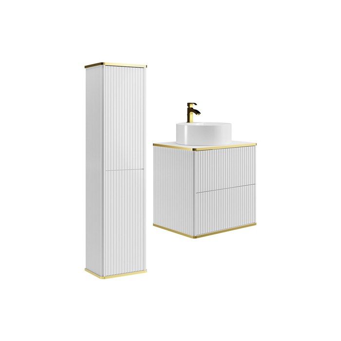 Meuble de salle de bain suspendu strié avec vasque à poser ronde et colonne - Blanc - 60 cm - KELIZA