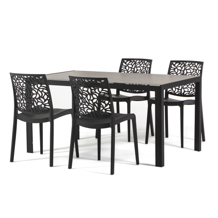Set de salle à manger avec table Milo avec structure en aluminium 4 chaises Anna en résine (Anthracite/Granit/Anthracite)