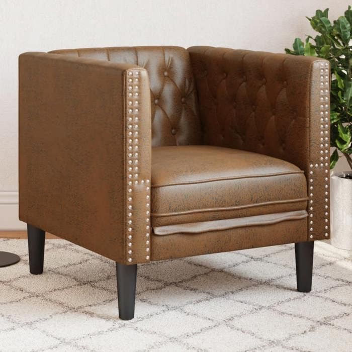 Fauteuil Chesterfield similicuir daim - vidaXL - Marron - 71x74.5x70.5 cm - Similicuir daim - Boutons tuftés
