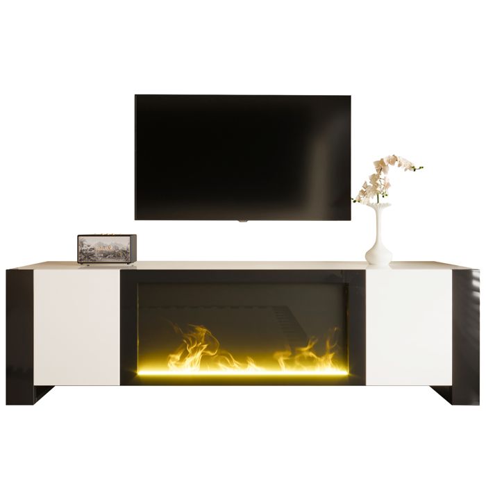 Meuble TV blanc et noir en panneaux de particules avec cheminée électrique décorative style moderne