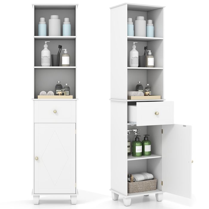 COSTWAY Meuble Colonne de Salle de Bain avec Porte et Tiroirs Sac à Linge et 2 Compartiment Ouvert Étagères Réglables Blanc