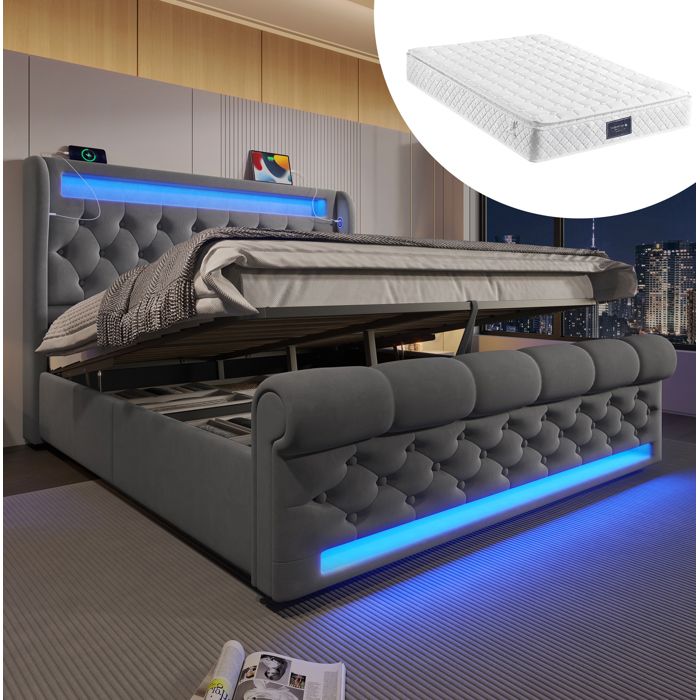 Lit coffre hydraulique 140x200 EVRYAE avec matelas LED ports USB et Type-C velours gris