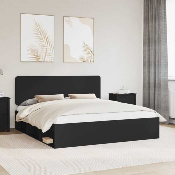 Structure de lit avec tête de lit - UU - Noir - Pin massif - 200x200 cm - Cadre à lattes - Durable - Facile à nettoyer