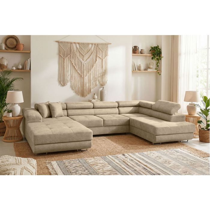 Canapé panoramique 6 places FLAVIO convertible avec 2 coffres en tissu - Beige Canapé panoramique 6 places FLAVIO convertible avec 2 coffres en tissu - Beige
