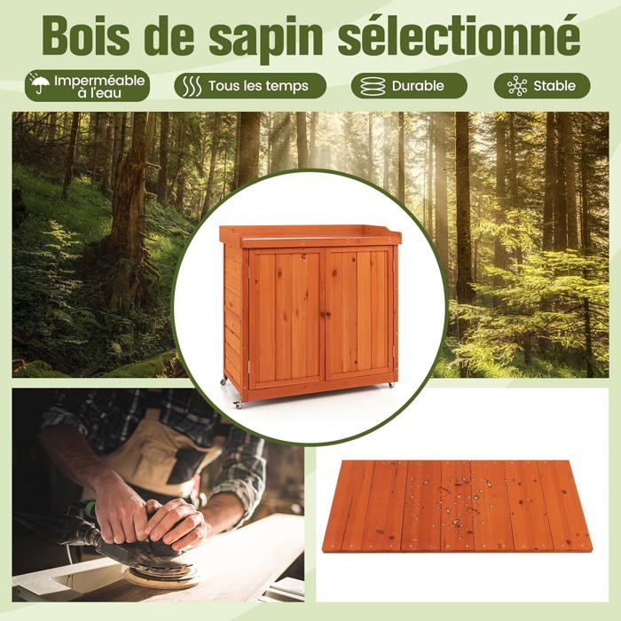 GIANTEX Armoire à Outils en Bois de Sapin Abri de Stockage pour Outils avec 4 Roues Universelles et Étagère Amovible 98 5X48X100 GIANTEX Armoire à Outils en Bois de Sapin Abri de Stockage pour Outils avec 4 Roues Universelles et Étagère Amovible 98 5X48X100