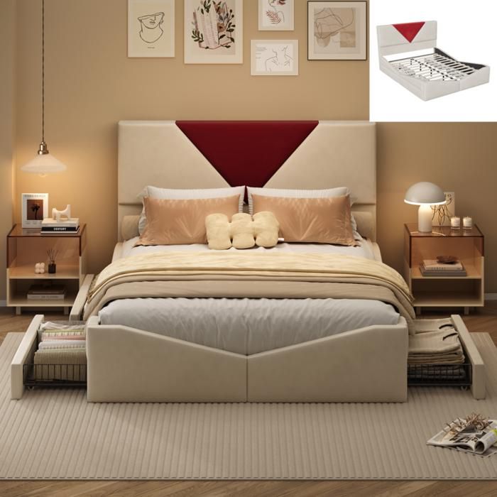 ADWOLT Lit 140x200 cm avec 4 Tiroirs Lit double 140x200 cm avec sommier Tissu velours Beige