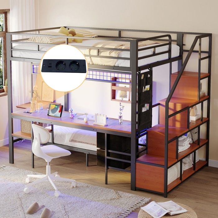 Lit superposé enfant 90/140×200 cm Lit double métal avec bureau lumière LED étagères 2 tiroirs tissu échelle de rangement port USB