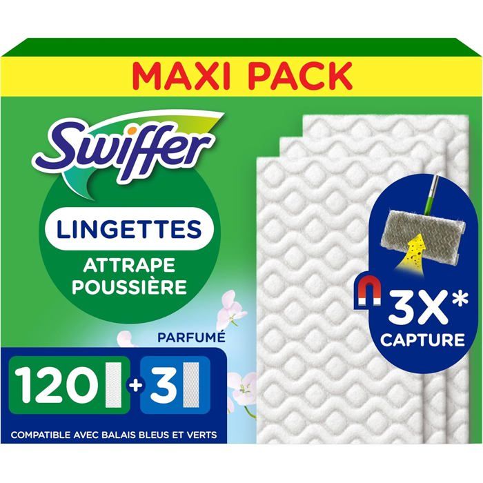 Swiffer Recharges Pour Balai Attrape-Poussière 120 Lingettes Sèches et 3 Lingettes Humides Balai Vendu Séparément