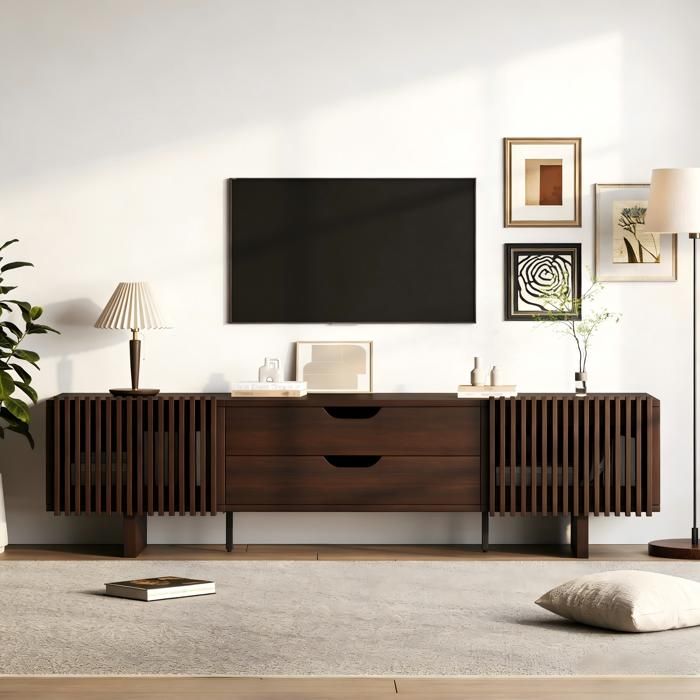 Meuble TV 180 cm - Marron Foncé - avec 2 Tiroirs et 2 Portes Lamelles Pour Téléviseur jusquà 75 Pouces