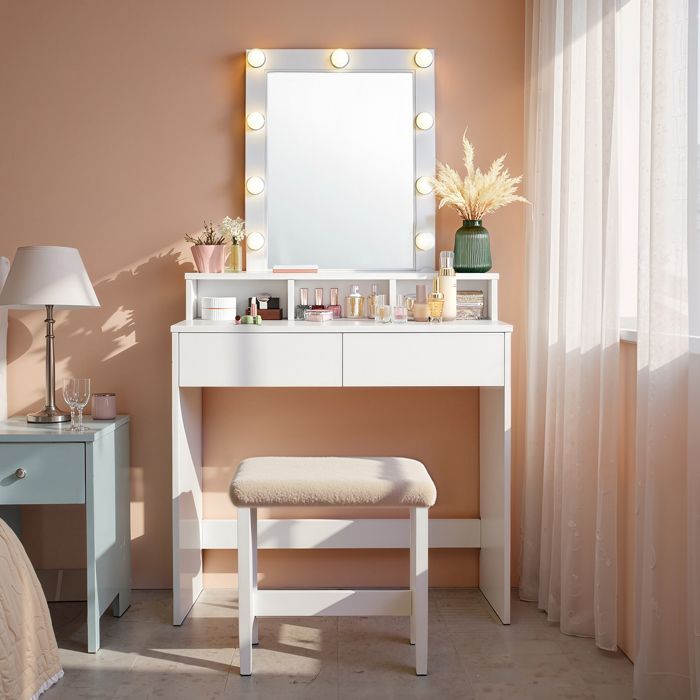 Coiffeuse avec Grand Miroir LED 2 Tiroirs et 3 Compartiments Coin Beauté Style Moderne Blanc