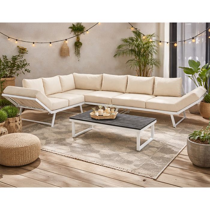 Konna - salon de jardin dangle en acier blanc - 5 places - coussin beige et table incluse - Beige/Blanc