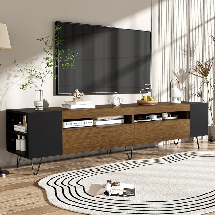 Meuble TV 180 x 36 x 43 cmavec 2 portes et espaces de rangement ouverts adapté pour salon et bureau couleur noyer