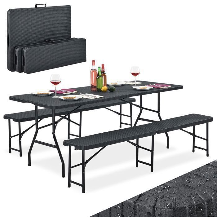 Juskys Ensemble Bière Amberg 3 Pièces en Plastique Aspect Rotin Noir - Table Pliante et 2 Bancs