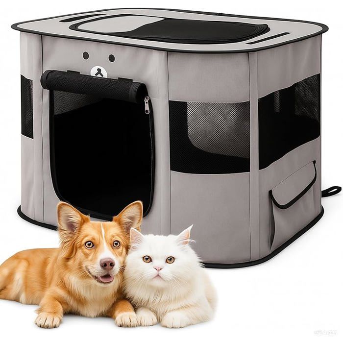 Parc pour Chien Pliable Gris Cendré XL – Enclos Portable Chiot Chat Lapin Tente Respirante avec Sac de Transport – Voyage CLAPIER