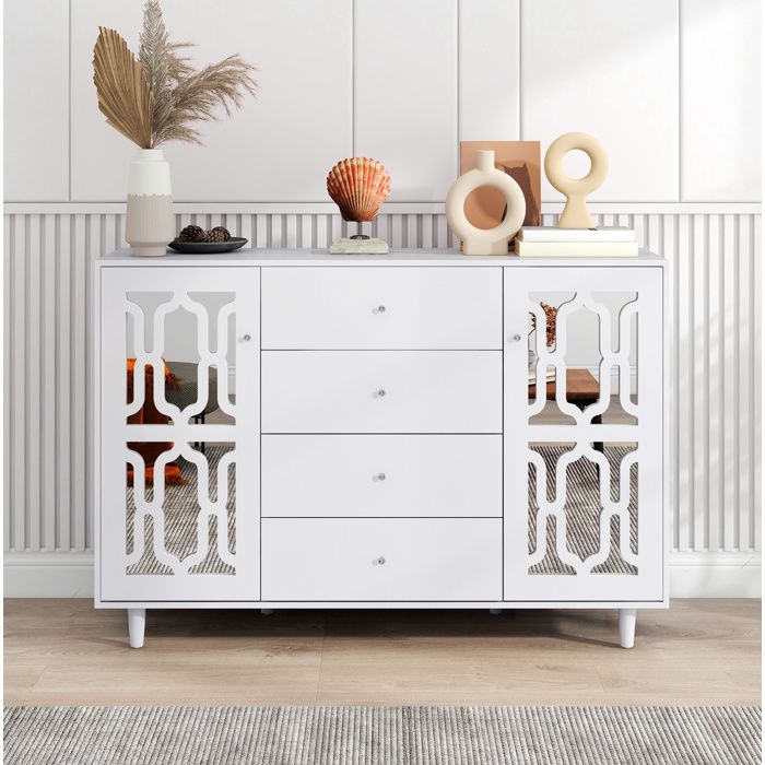Buffet de cuisine 1475x40x102cm blanc miroir meuble de rangement avec 4 tiroirs et poignées cristal pour salon
