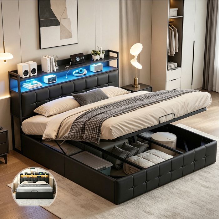 Lit Coffre 140x200 avec Sommier-UTTQEW-USB/Type‑C et éclairage LED-Lit Double -Lit adulte-PU Noir
