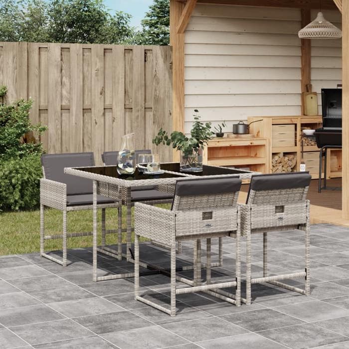 23480&Mode Ensemble à manger de jardin et coussins - 5 pcs - (Table et 4 chaises de jardin) - gris clair rotin - 110x106x73 cm