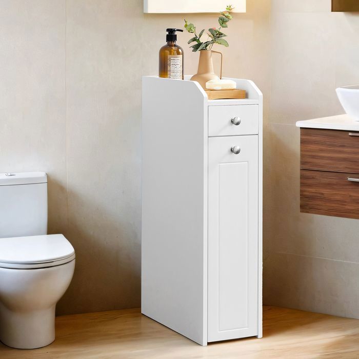 Colonne de salle de bain de Rangement Étroit Commode avec Tiroir Meuble pour Salle de Bains Idéal Petits Espaces Blanc