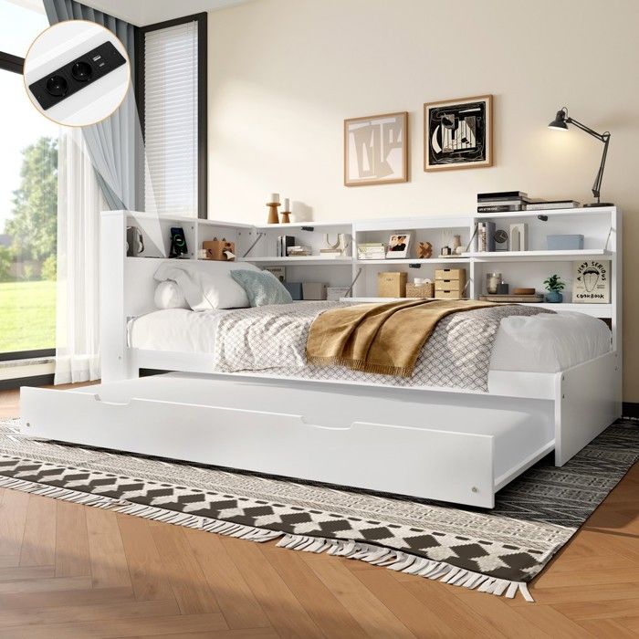 Lit escamotable - Daybed canapé lit 90x200 cm - Tête de lit avec rangement - Ports USB/Type-C - Blanc
