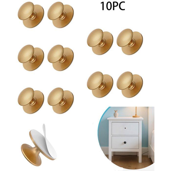 Lot De 10 Boutons De Meuble Autocollants Sans Perçage Poignées De Tiroir 37 x 37 cm Inox Doré Adhésif Fort