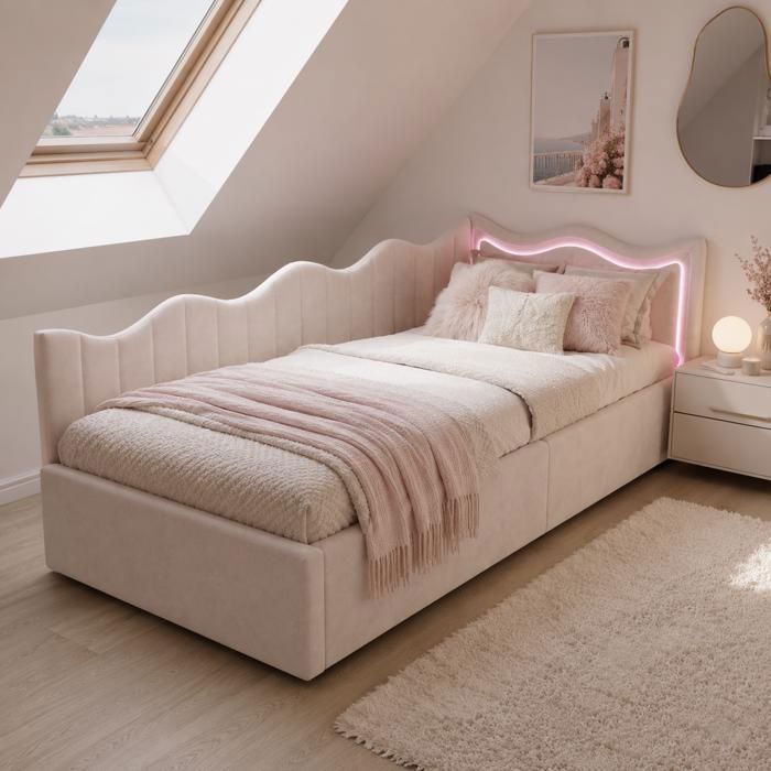 Lit Coffre hydraulique 90x200 cm avec éclairage LED Lit simple banquette avec sommier à lattes Lit pour jeunes en velours blanc