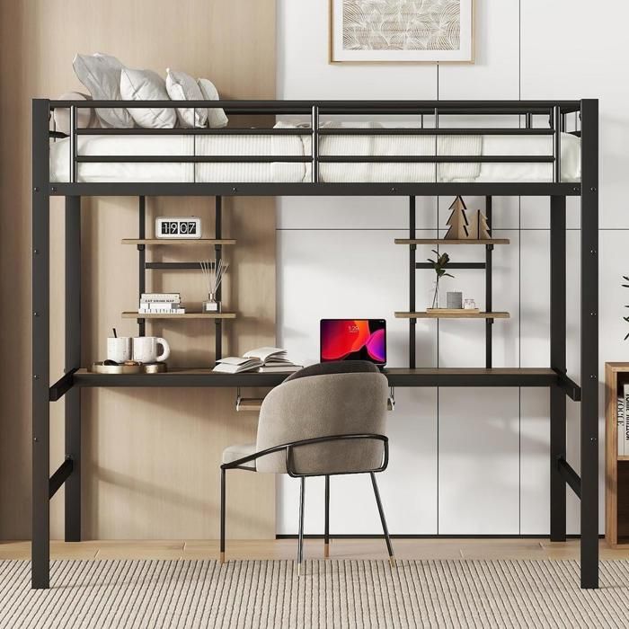 Lit superposé - KOMHTOM - 140x200 - Bureau intégré - 2 étagères - Cadre métal avec garde-corps sécurisé Lit superposé - KOMHTOM - 140x200 - Bureau intégré - 2 étagères - Cadre métal avec garde-corps sécurisé