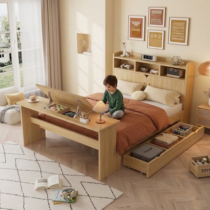 Lit enfant avec rangement - Bois naturel - 140x200 cm - Étagère tête de lit - Tiroir extensible - Table pliante réglable