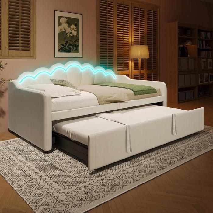 Lit banquette - KOMHTOM - 90x200 avec lit gigogne convertible 180 - Velours beige - LED multicolore - Sommier à lattes Lit banquette - KOMHTOM - 90x200 avec lit gigogne convertible 180 - Velours beige - LED multicolore - Sommier à lattes