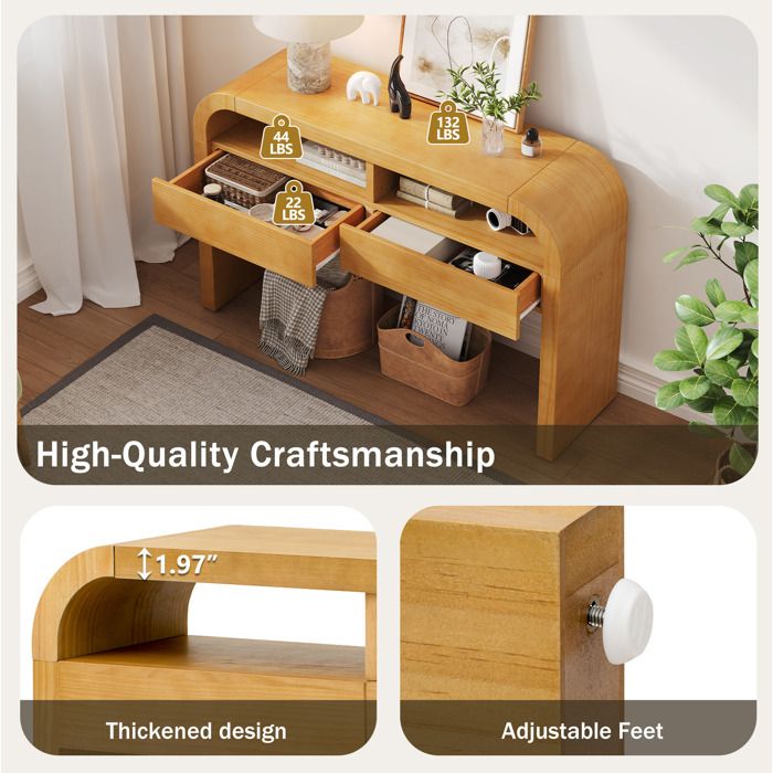Table console dentrée 120 x 35 5 x 76 5 cm en MDF coloris naturel avec 2 tiroirs niches ouvertes et pieds réglables