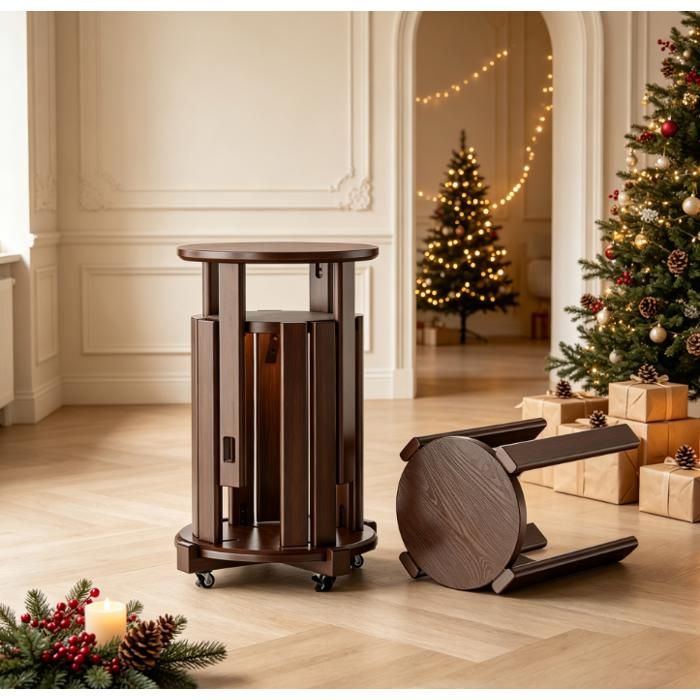 Lot de 4 tabourets empilables multifonctions en bois massif équipés de roulettes 360° freinées repose-pied pour chambre brun