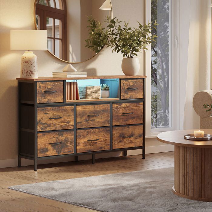 Commode avec 8 Tiroirs Support TV avec LED et Multiprise 114 x 30 x 67 cm Marron Rustique Commode avec 8 Tiroirs Support TV avec LED et Multiprise 114 x 30 x 67 cm Marron Rustique