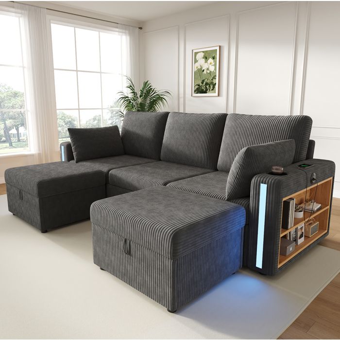 ULEVR Canapé modulable U/L 5-6 places en corduroy gris avec 2 poufs de rangement LED USB/USB-C porte-gobelet