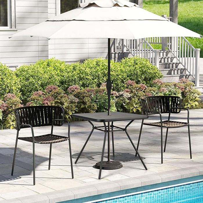 Table patio carrée SPC 80x80x72 5 cm trou parasol 4 cm pieds métal ajustables 4 places résistante et anti-UV