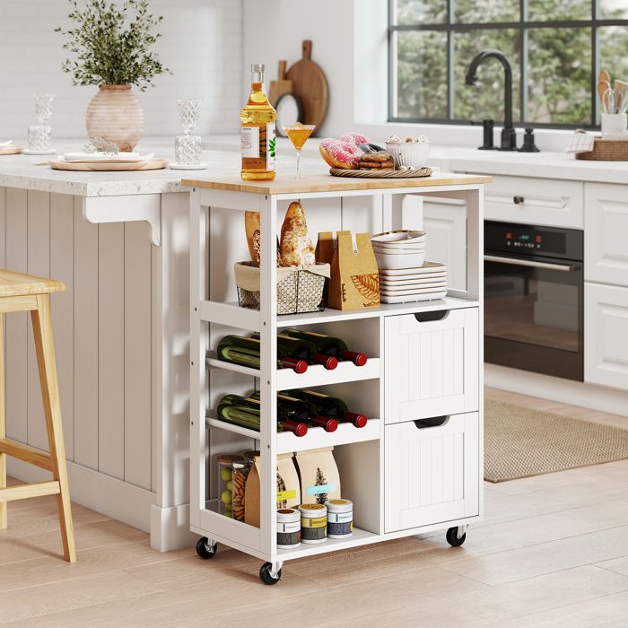 Desserte de Cuisine à Roulettes COSTWAY Plateau en Bois de Caoutchouc 2 Étagères Ouvertes Porte-Bouteilles 2 Niveaux 2 Tiroirs