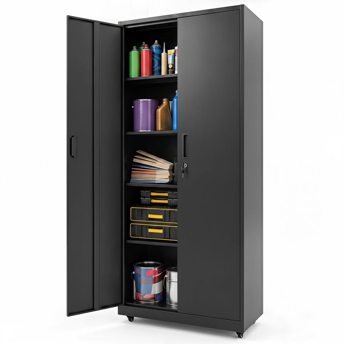 COSTWAY Caisson de Bureau à Roulettes avec 5 Niveaux Doubles Portes 4 Étagères Réglables pour Garage Bureau 80x40x186 cm Noir COSTWAY Caisson de Bureau à Roulettes avec 5 Niveaux Doubles Portes 4 Étagères Réglables pour Garage Bureau 80x40x186 cm Noir