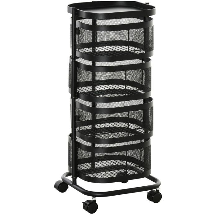 Meuble rangement à roulettes 4 niveaux avec panier métallique et plateau supérieur 33 x 33 x 77 cm noir FOLYNA